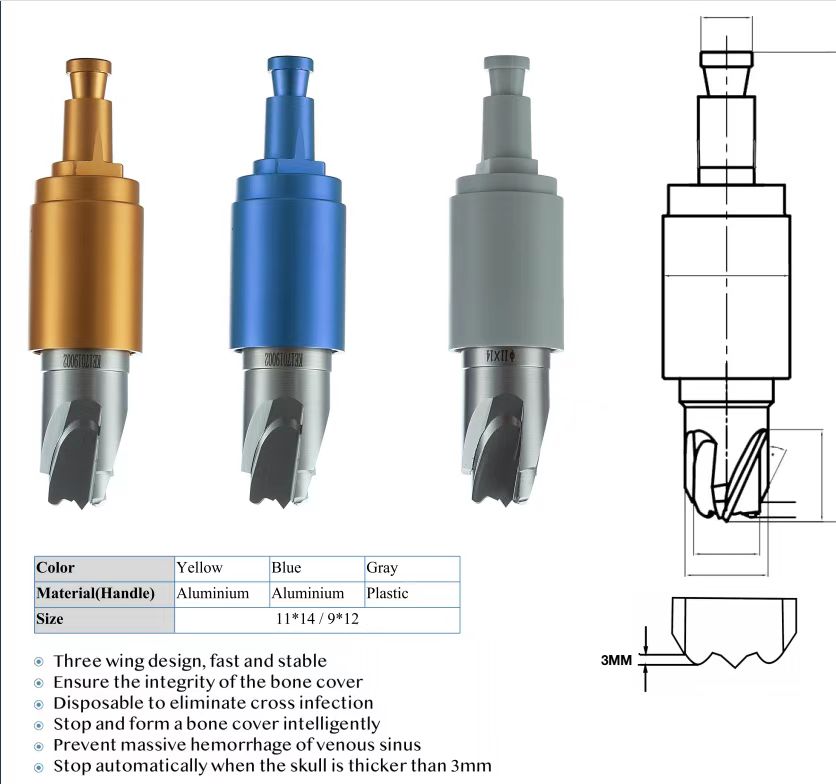 Disposable cranial perforator drill bit model and size chart
